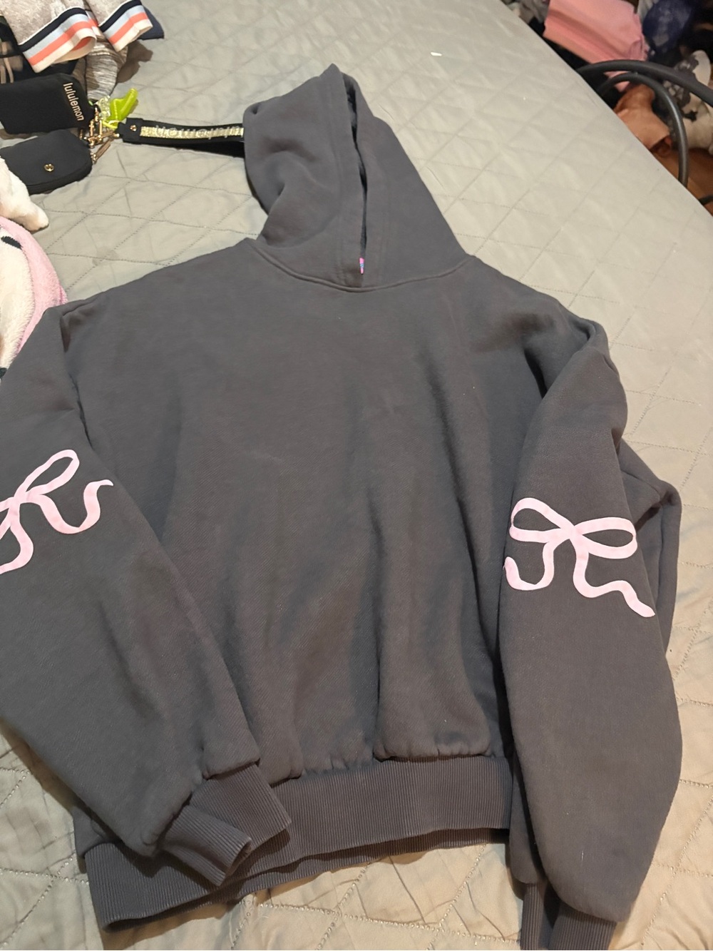 Edikted Charcoal Hoodie with Pink Sleeve Bow Graphics